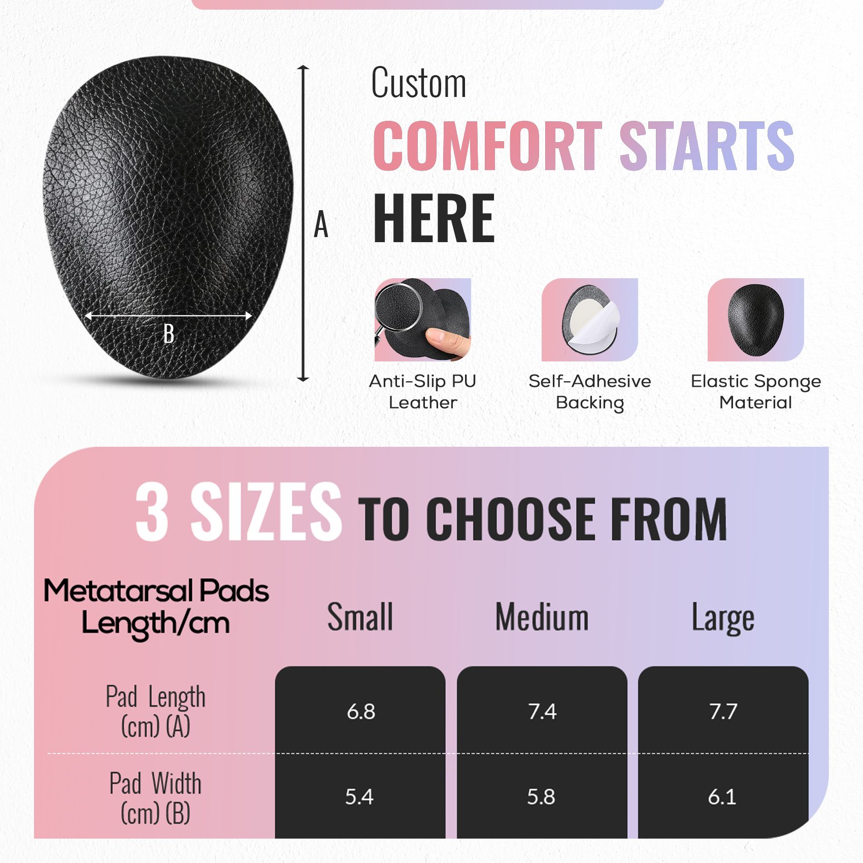 Adhesive Forefoot Cushion Pads, PU Half Insoles, Black, 1 Pair