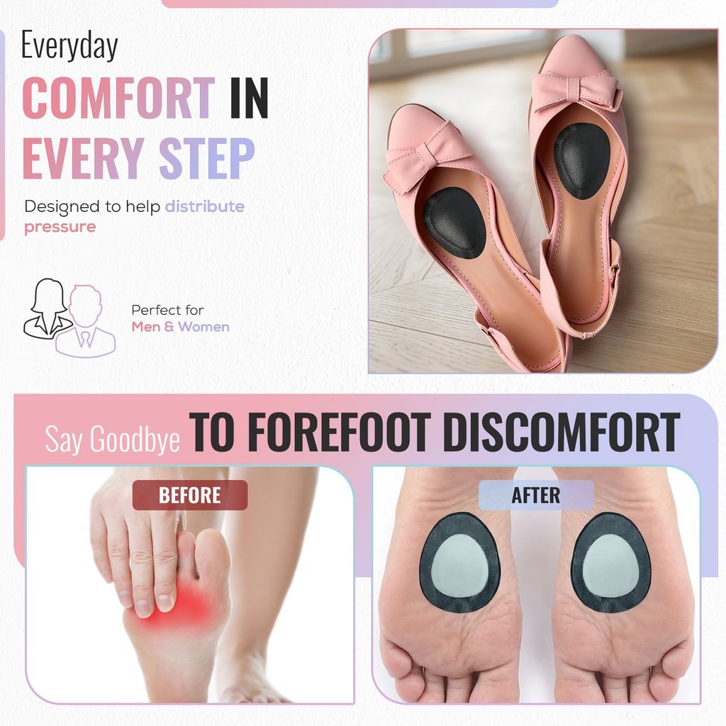 Adhesive Forefoot Cushion Pads, PU Half Insoles, Black, 1 Pair