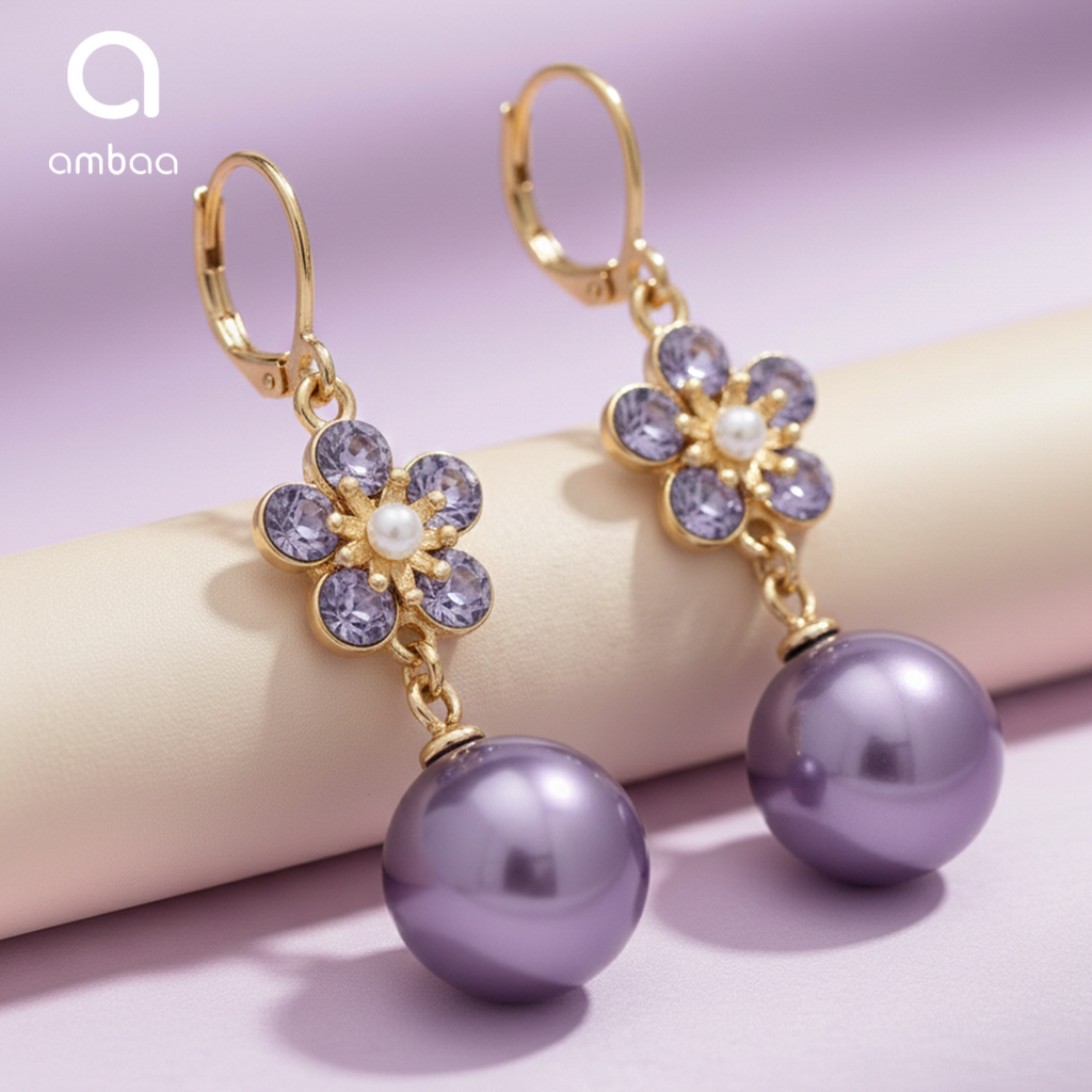 Purple Flower Drop Earrings, Gold Tone Crystal & Pearl Dangle, 1 Pair