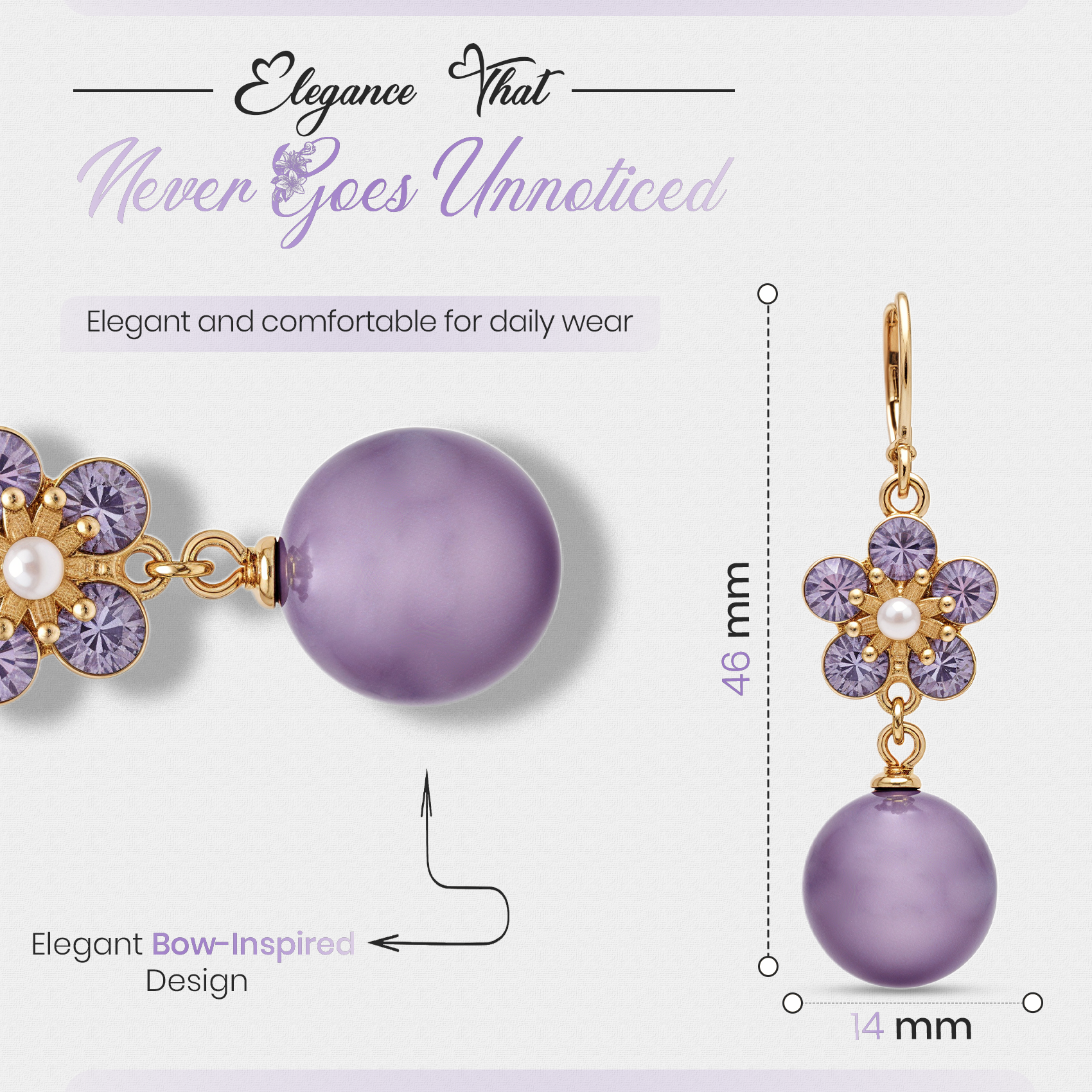Purple Flower Drop Earrings, Gold Tone Crystal & Pearl Dangle, 1 Pair