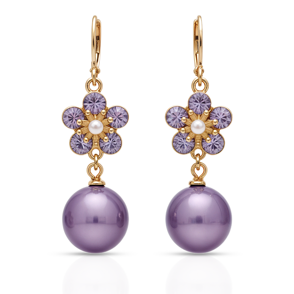 Purple Flower Drop Earrings, Gold Tone Crystal & Pearl Dangle, 1 Pair