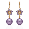 Purple Flower Drop Earrings, Gold Tone Crystal & Pearl Dangle, 1 Pair
