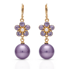 Purple Flower Drop Earrings, Gold Tone Crystal & Pearl Dangle, 1 Pair