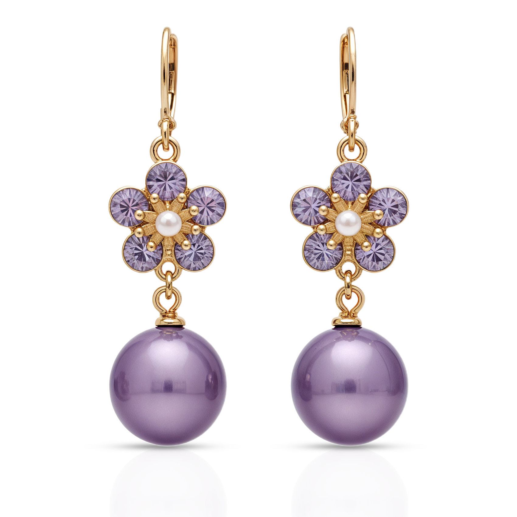 Purple Flower Drop Earrings, Gold Tone Crystal & Pearl Dangle, 1 Pair