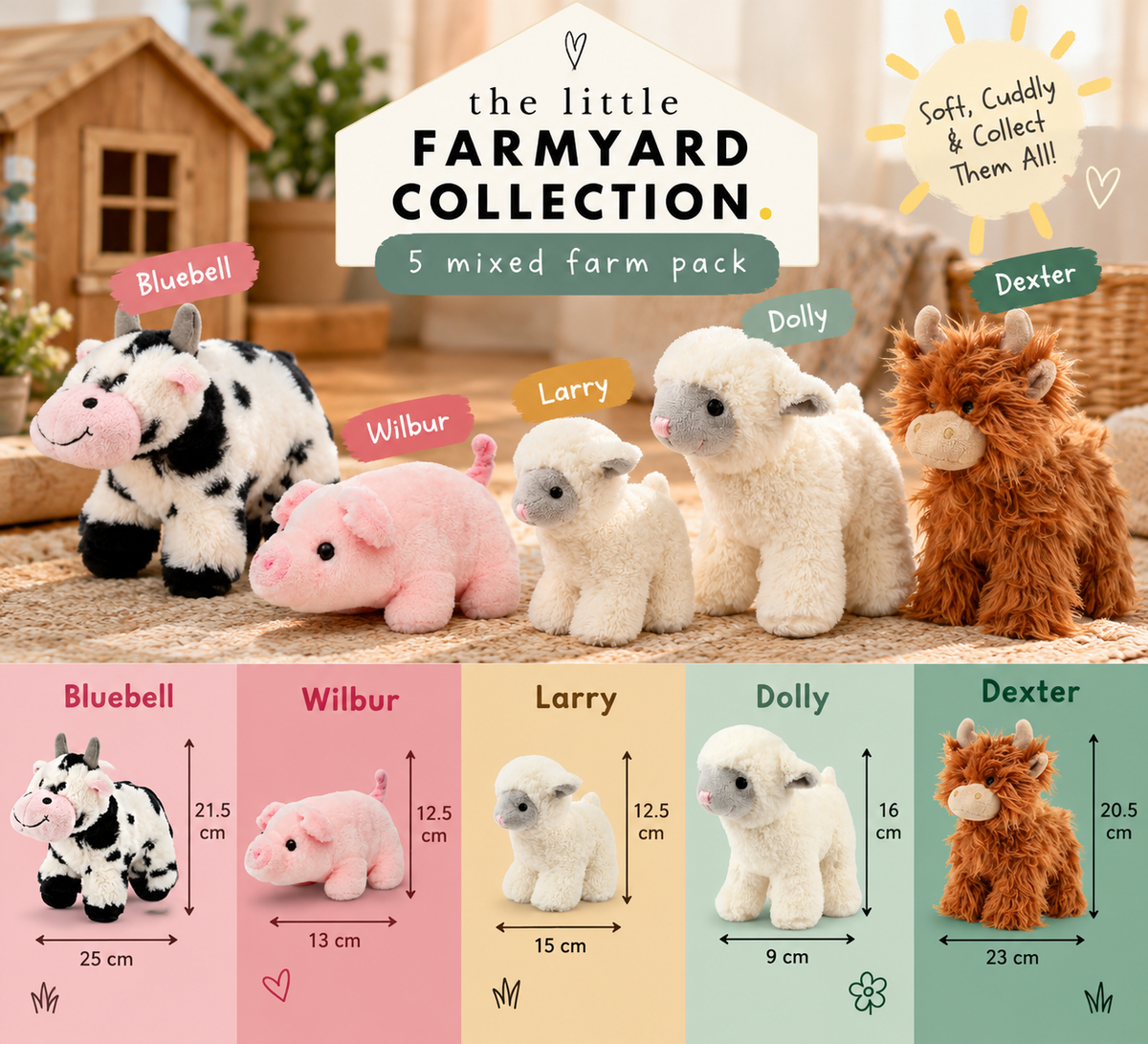 Farmyard Soft Toy Set, Lambs, Pig, Cow & Highland Cow, Pack of 5