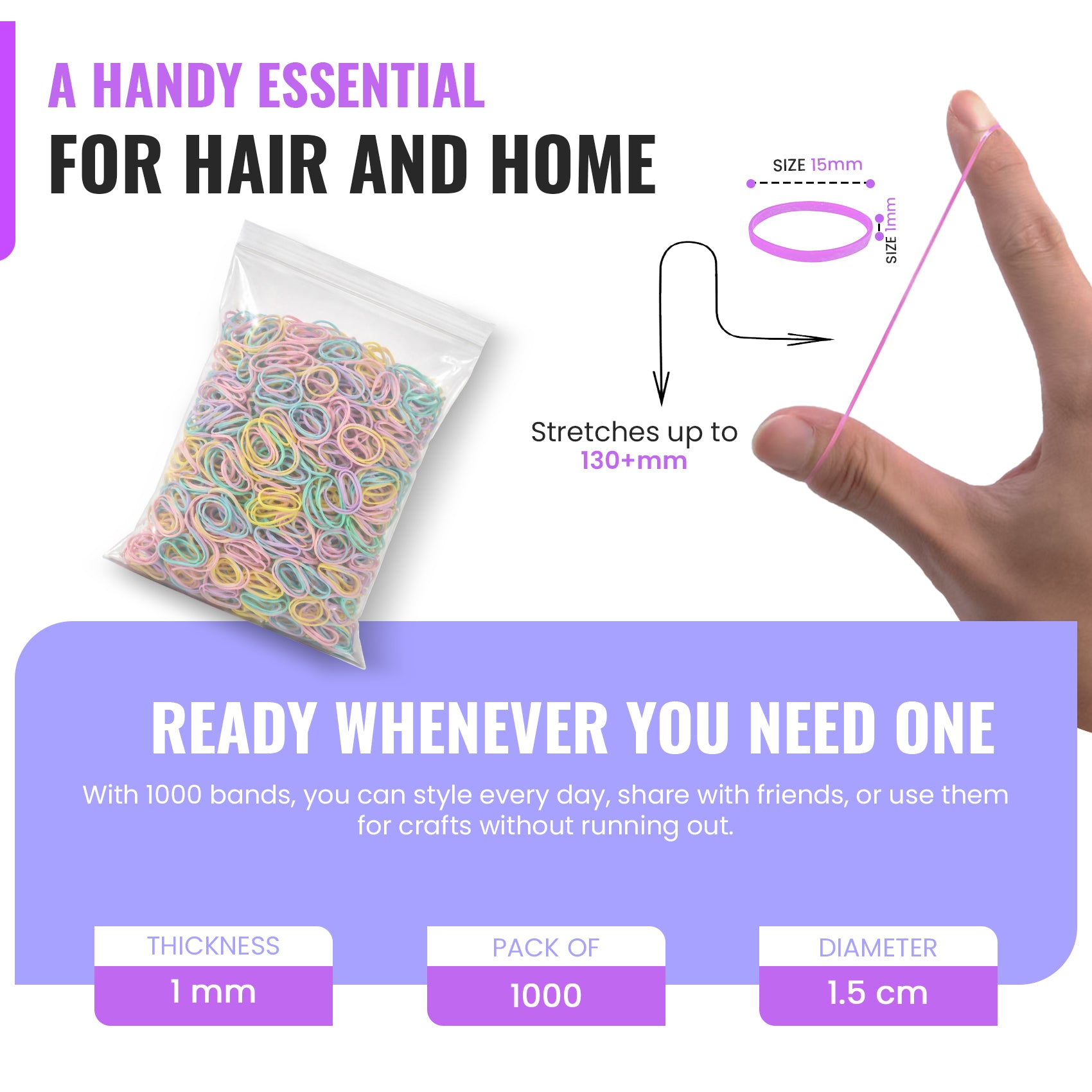 Mini Hair Elastic Bands for Braids, Pack of 1,000