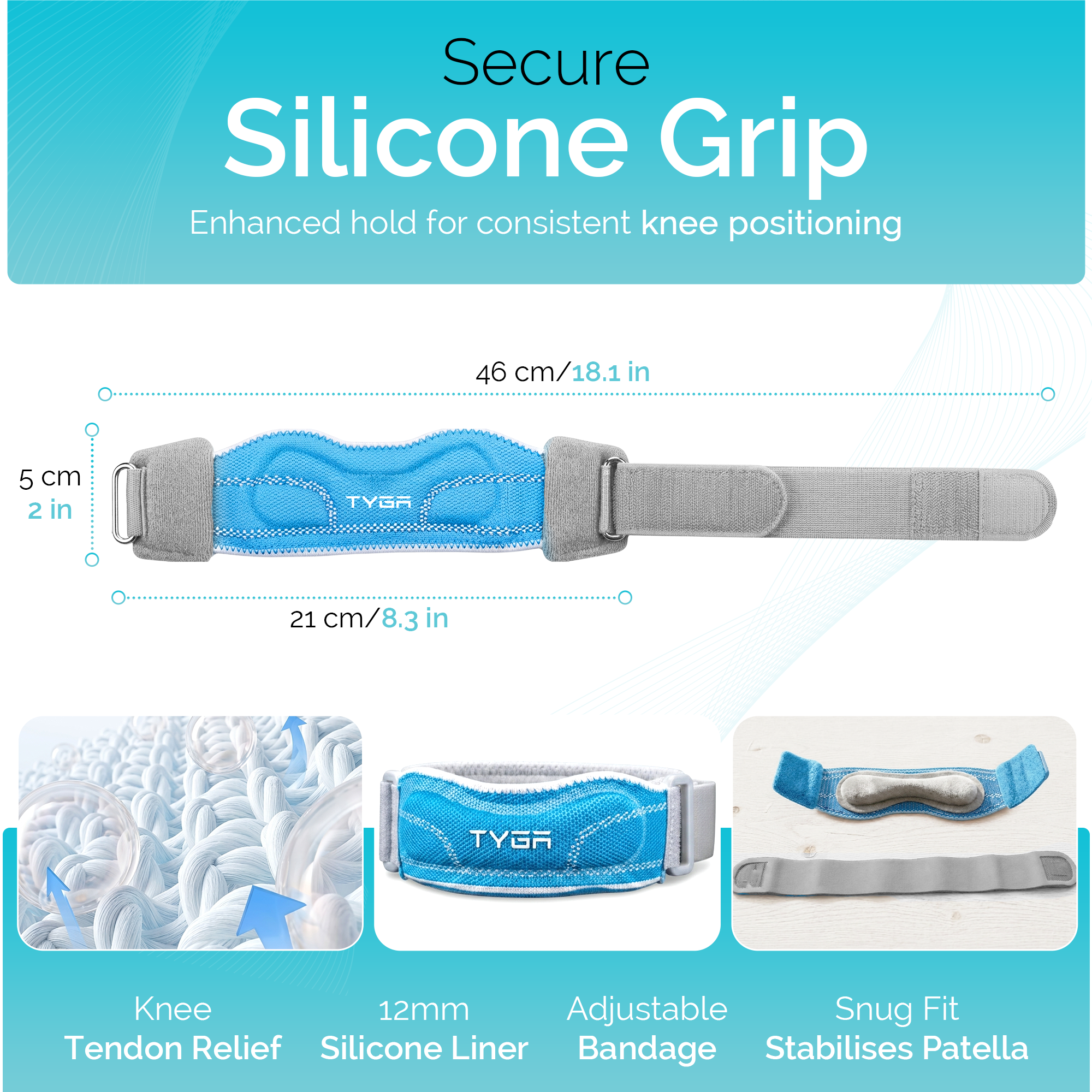Knee Strap with Silicone Support Pad, Adjustable Patella Support, Blue, 1 Pair
