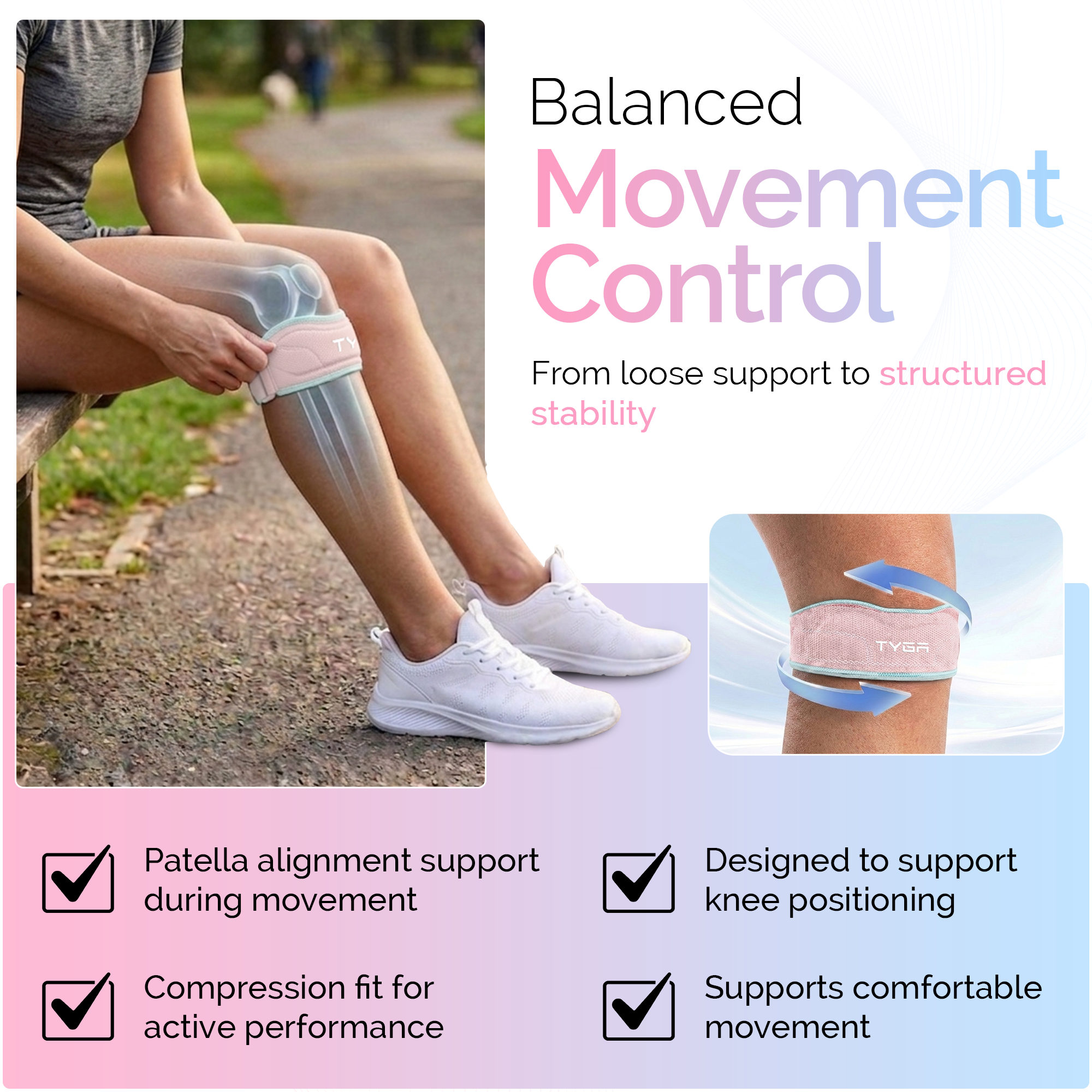 Knee Strap with Silicone Support Pad, Adjustable Patella Support, Pink, 1 Pair