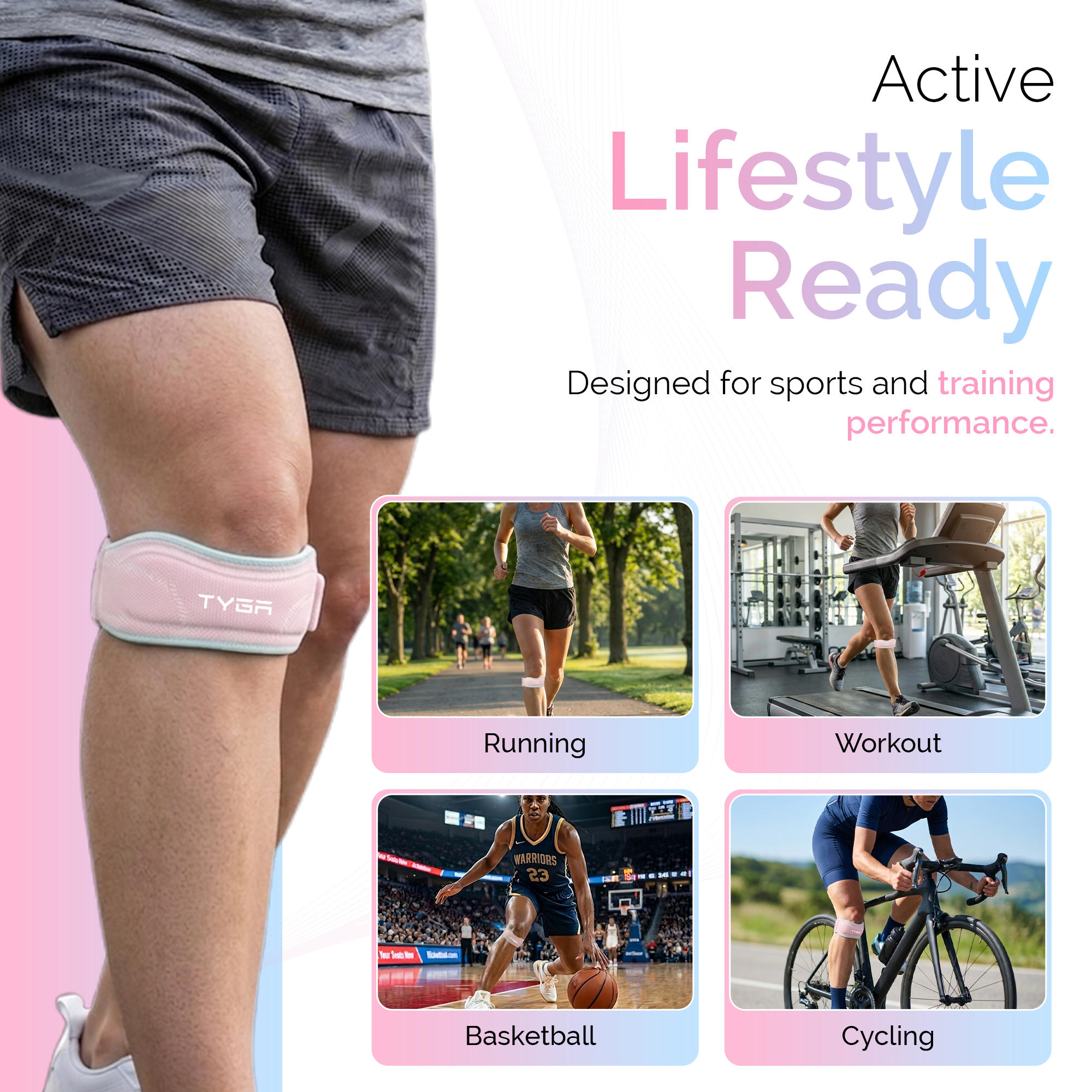 Knee Strap with Silicone Support Pad, Adjustable Patella Support, Pink, 1 Pair