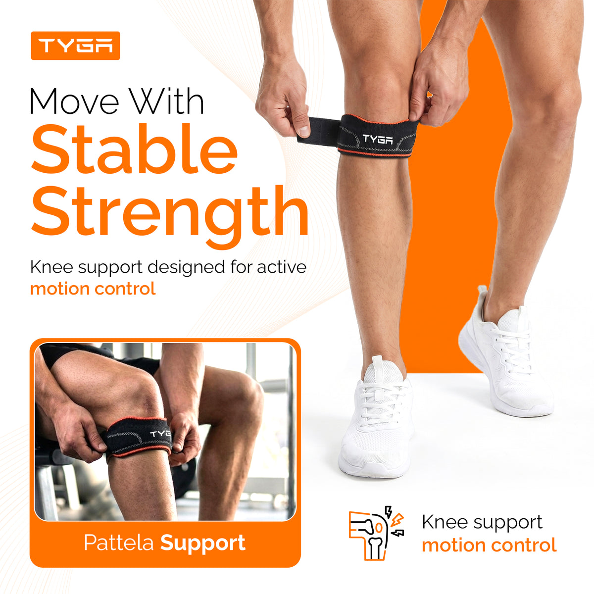 Knee Strap with Silicone Support Pad, Adjustable Patella Support, Black, 1 Pair