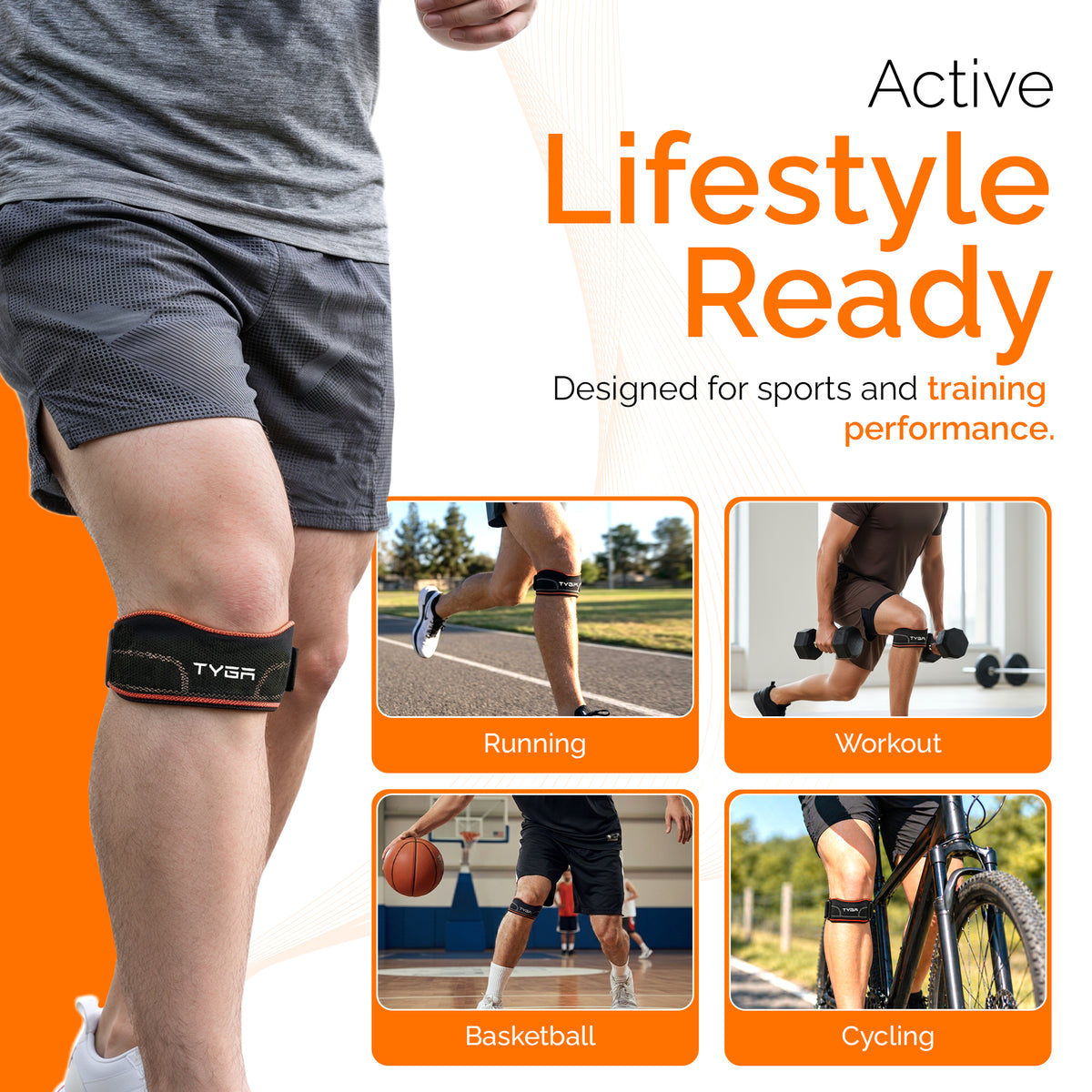 Knee Strap with Silicone Support Pad, Adjustable Patella Support, Black, 1 Pair