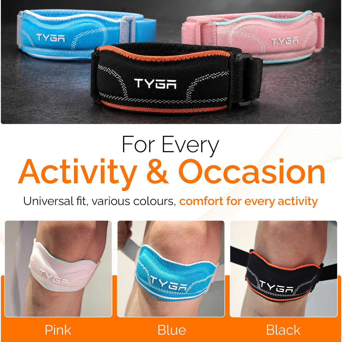 Knee Strap with Silicone Support Pad, Adjustable Patella Support, Black, 1 Pair