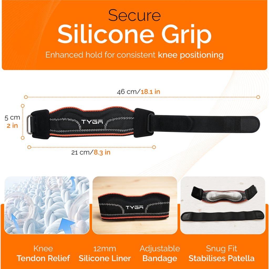Knee Strap with Silicone Support Pad, Adjustable Patella Support, Black, 1 Pair