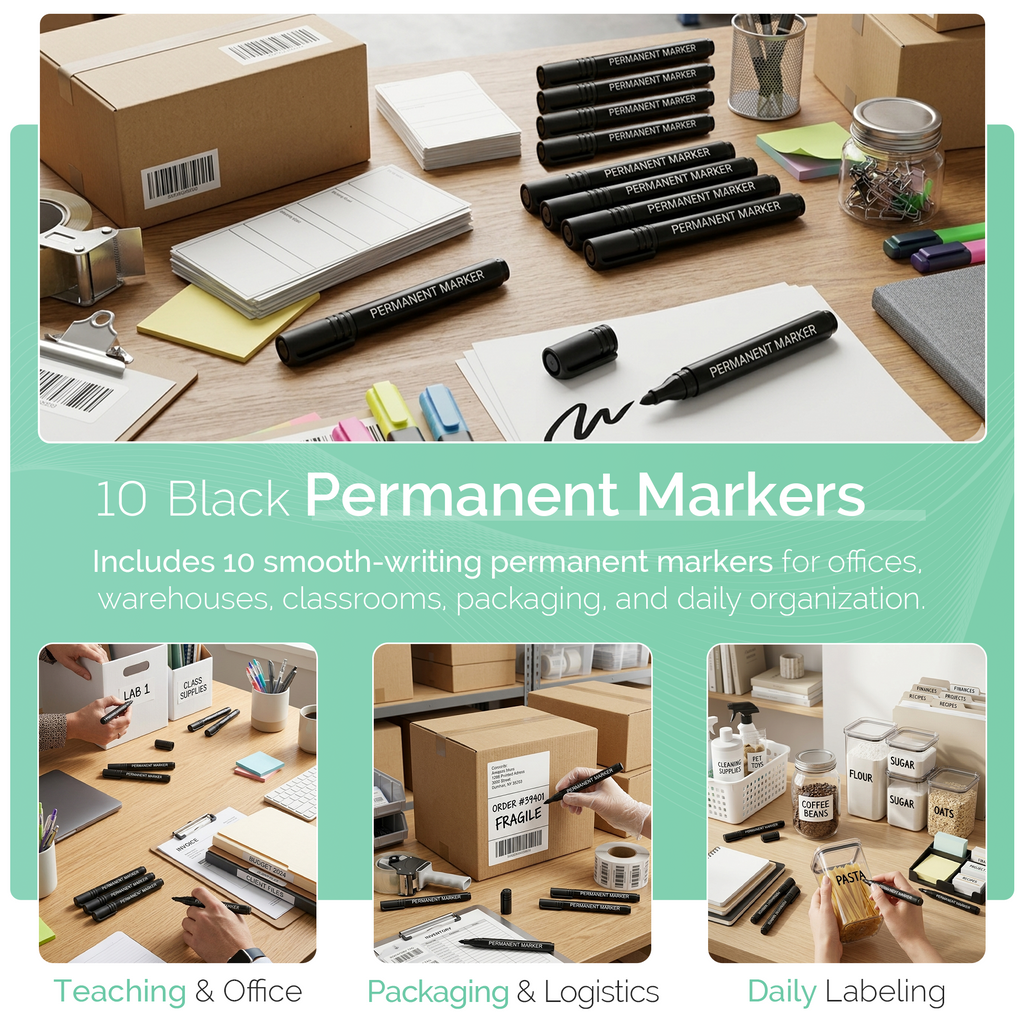 Permanent Marker Pens, Bullet Tip, Black, Pack of 10