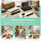 Permanent Marker Pens, Bullet Tip, Black, Pack of 10