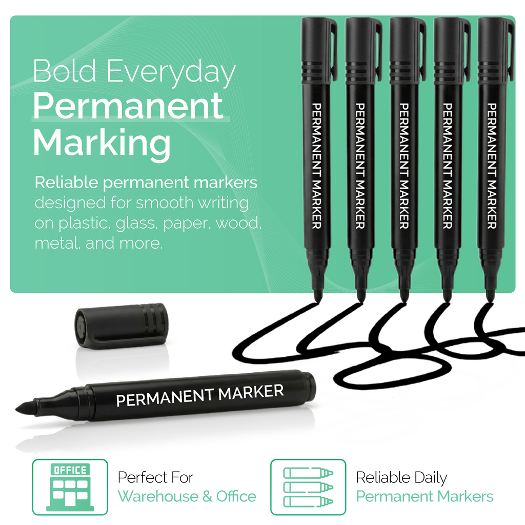 Permanent Marker Pens, Bullet Tip, Black, Pack of 10