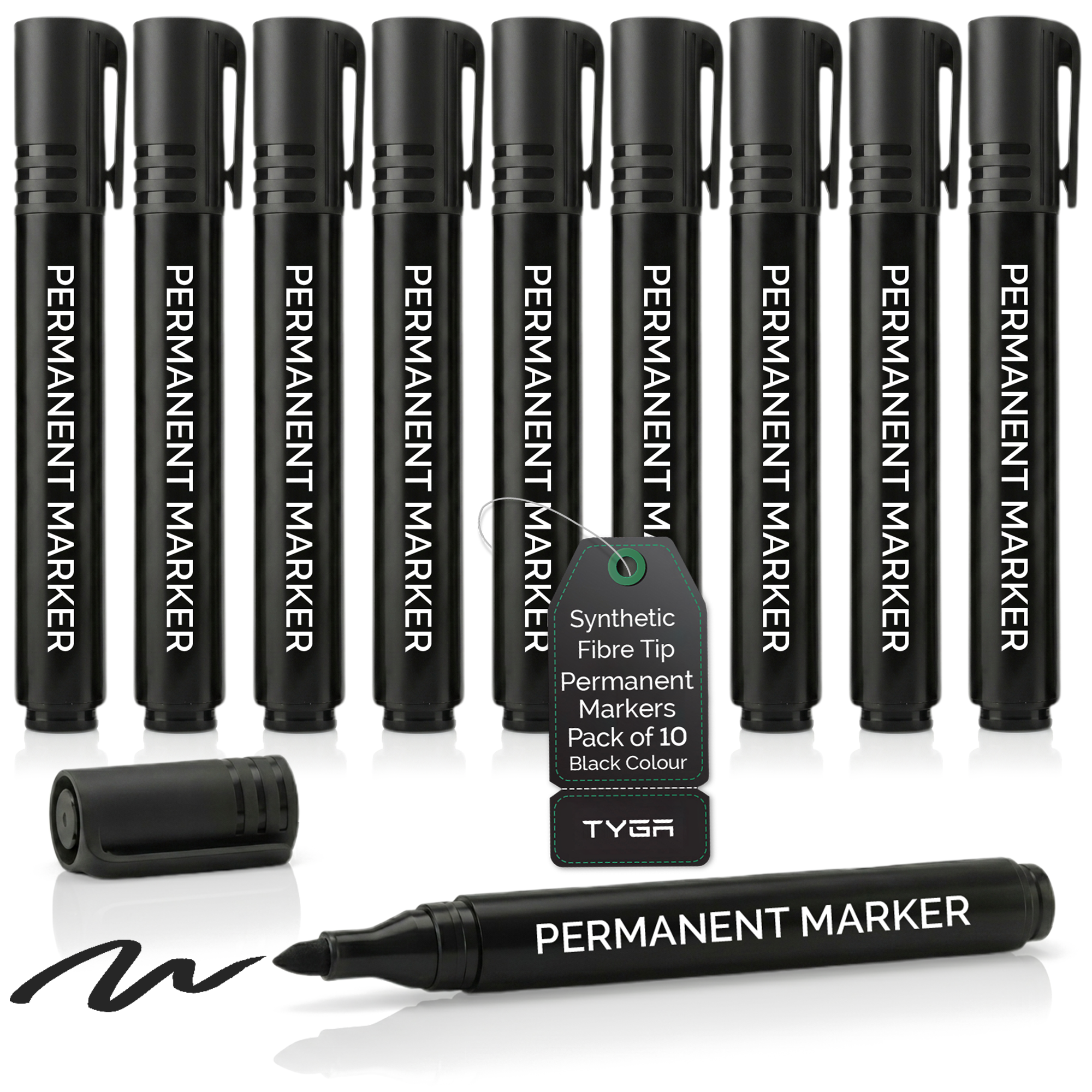 Permanent Marker Pens, Bullet Tip, Black, Pack of 10