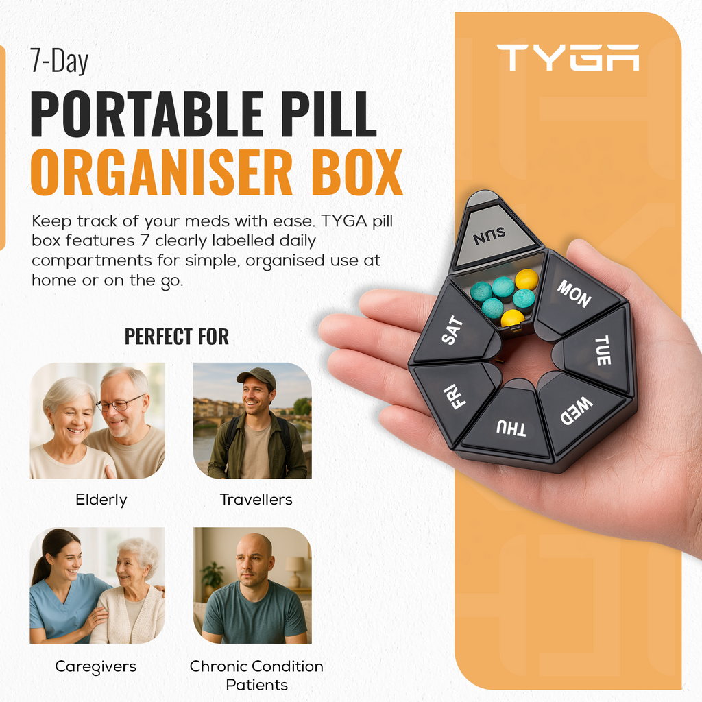 7 Day Weekly Pill Box, Large Compartments, Easy Open, Black