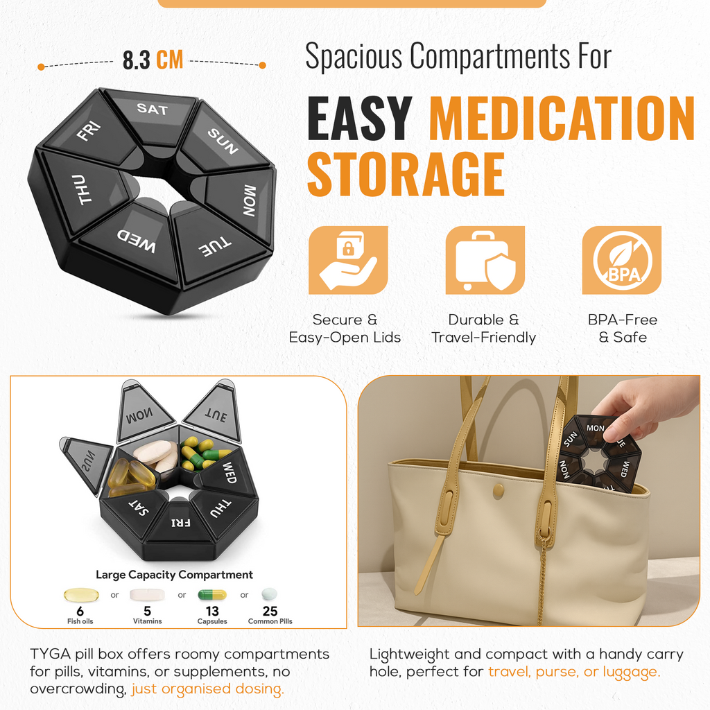 7 Day Weekly Pill Box, Large Compartments, Easy Open, Black