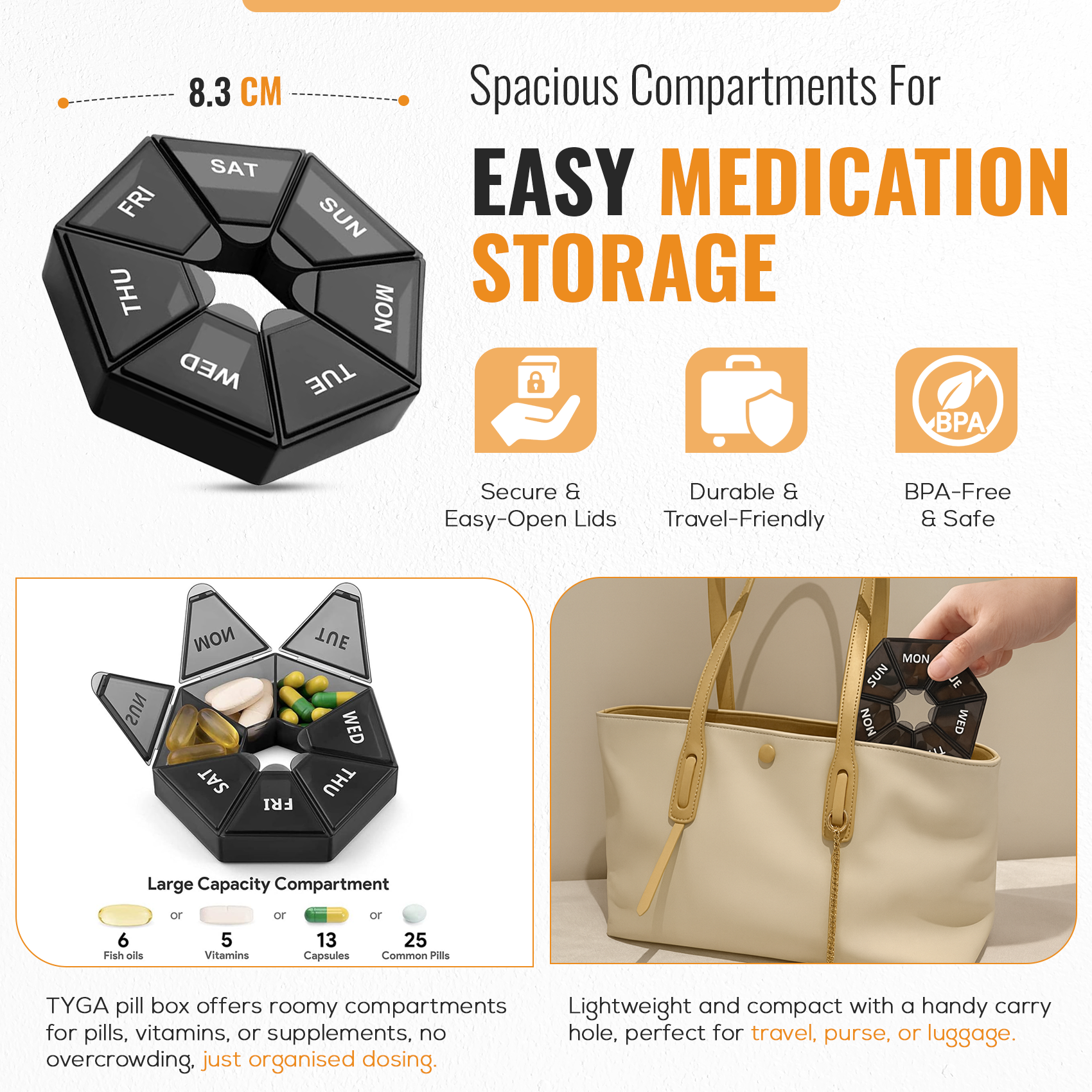 7 Day Weekly Pill Box, Large Compartments, Easy Open, Black