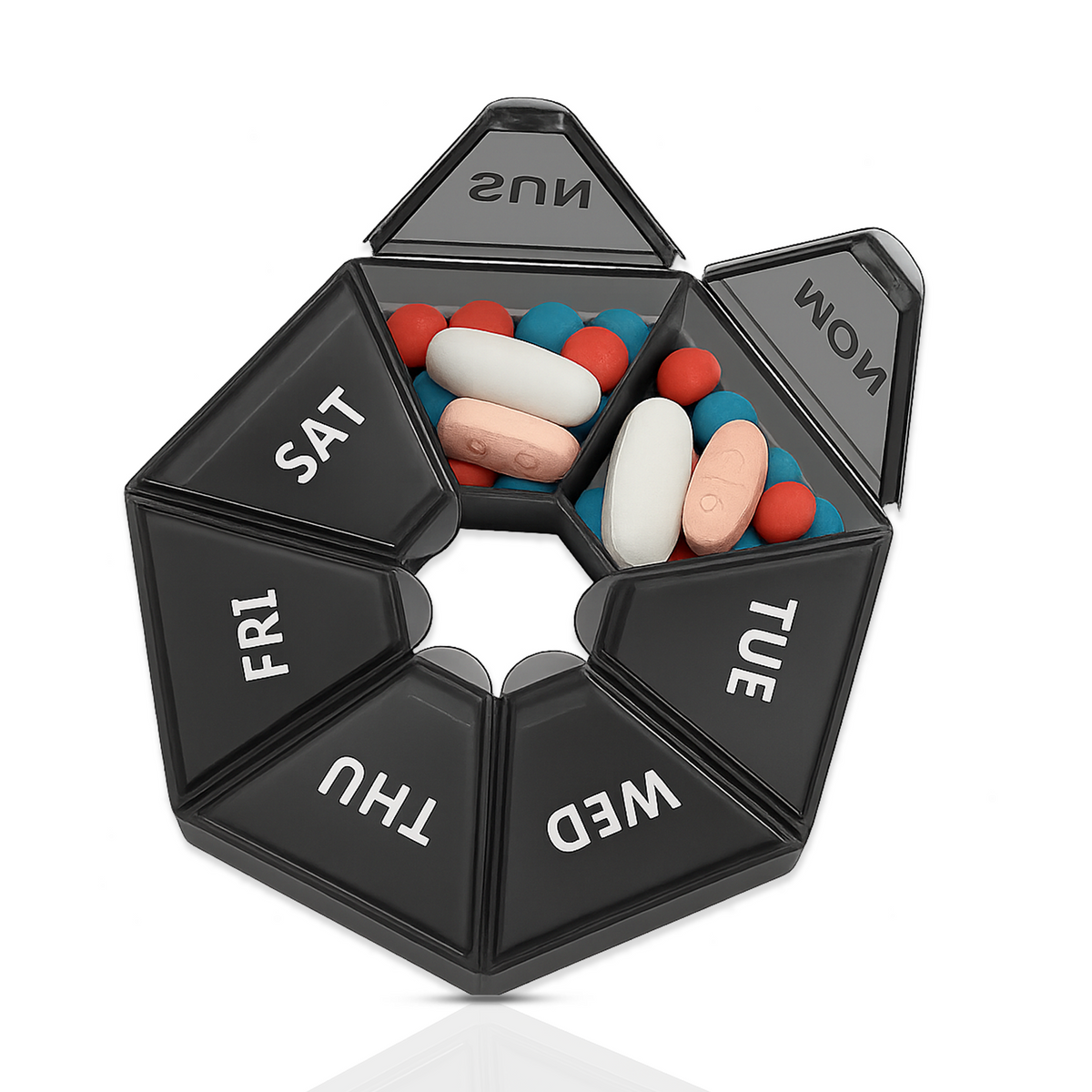 7 Day Weekly Pill Box, Large Compartments, Easy Open, Black