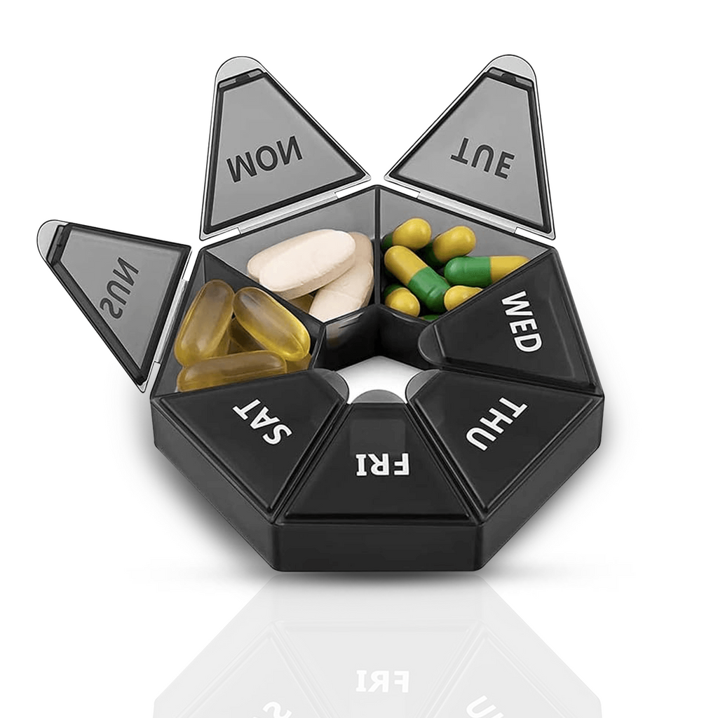 7 Day Weekly Pill Box, Large Compartments, Easy Open, Black