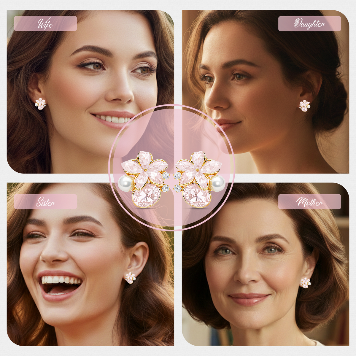 Pink Floral Pearl Earrings, Gold Tone Flower Stud with Crystal Detail, 1 Pair