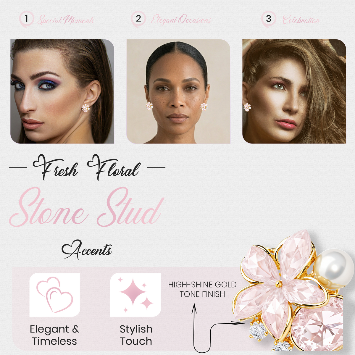 Pink Floral Pearl Earrings, Gold Tone Flower Stud with Crystal Detail, 1 Pair
