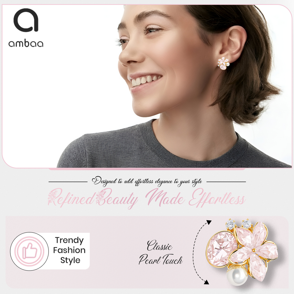 Pink Floral Pearl Earrings, Gold Tone Flower Stud with Crystal Detail, 1 Pair