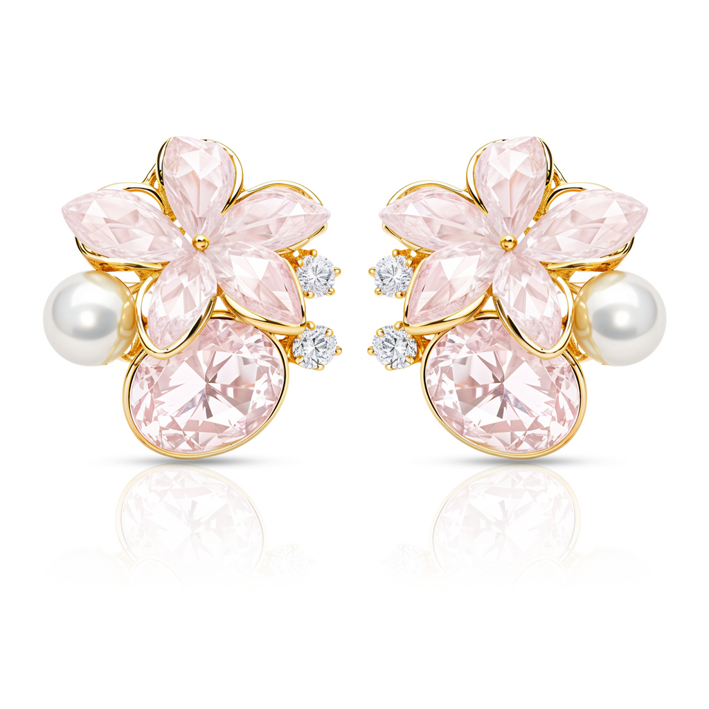 Pink Floral Pearl Earrings, Gold Tone Flower Stud with Crystal Detail, 1 Pair
