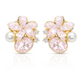 Pink Floral Pearl Earrings, Gold Tone Flower Stud with Crystal Detail, 1 Pair