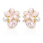 Pink Floral Pearl Earrings, Gold Tone Flower Stud with Crystal Detail, 1 Pair