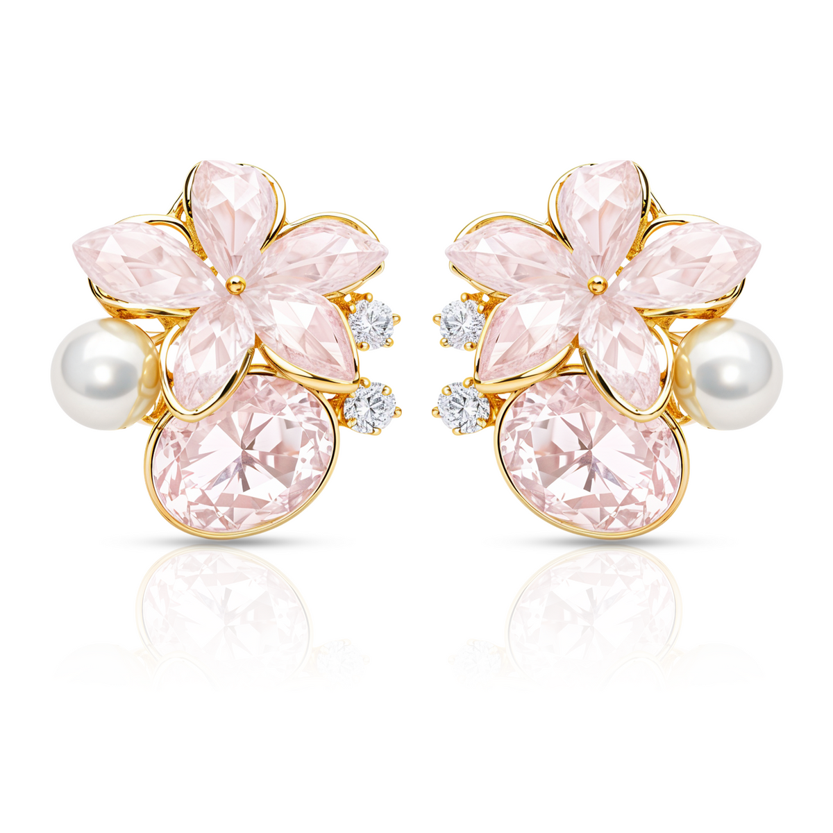 Pink Floral Pearl Earrings, Gold Tone Flower Stud with Crystal Detail, 1 Pair