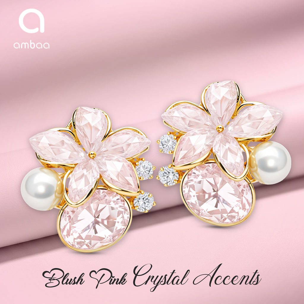 Pink Floral Pearl Earrings, Gold Tone Flower Stud with Crystal Detail, 1 Pair