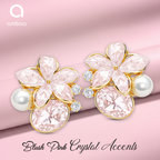 Pink Floral Pearl Earrings, Gold Tone Flower Stud with Crystal Detail, 1 Pair