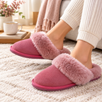 Pink suede mule slippers with fluffy cross strap and flat EVA sole