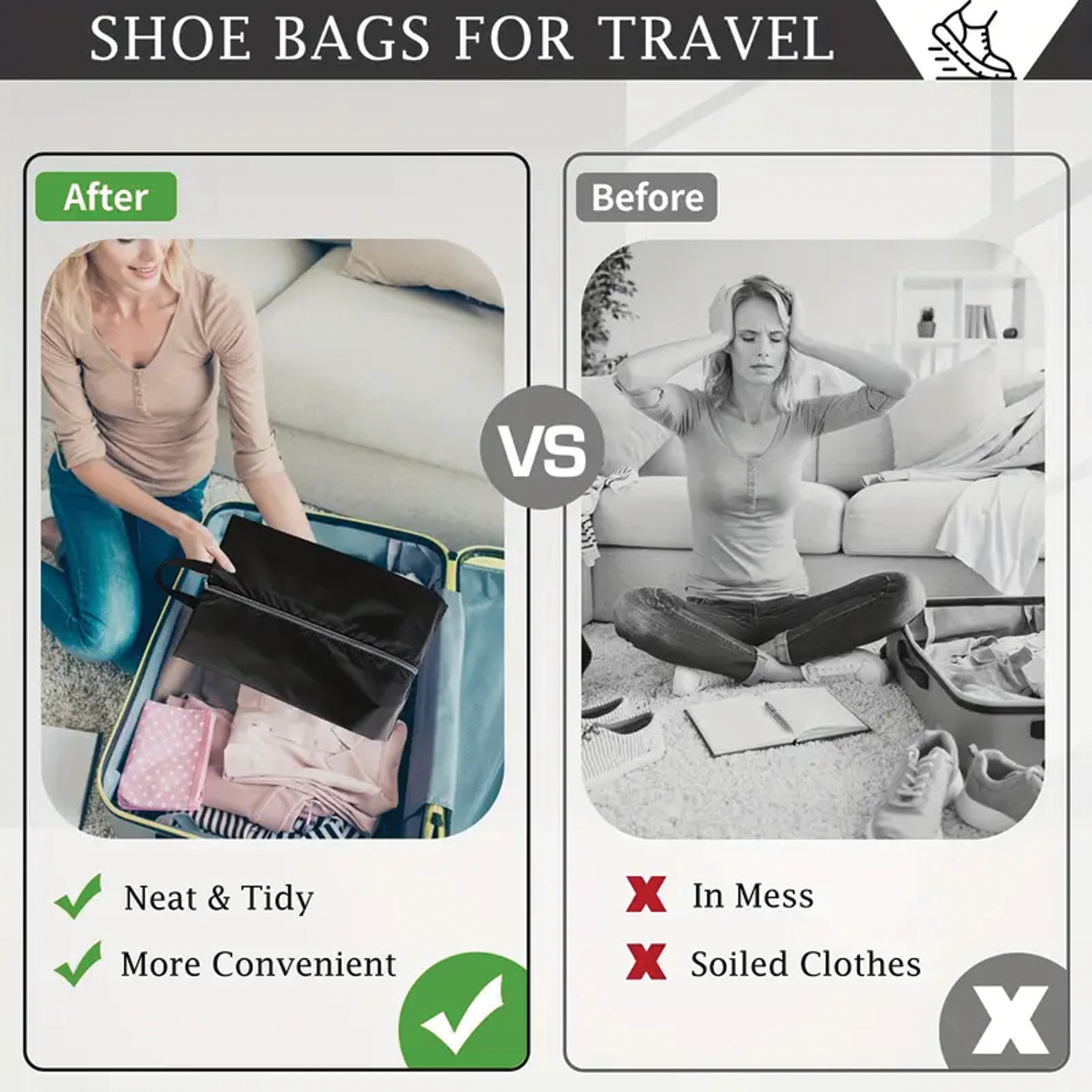 Portable Shoe Bag, Travel Storage Organizer, Black, Pack of 1