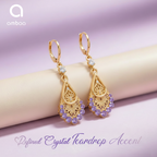 Purple Crystal Teardrop Earrings, Gold Tone Filigree Drop, 1 Pair