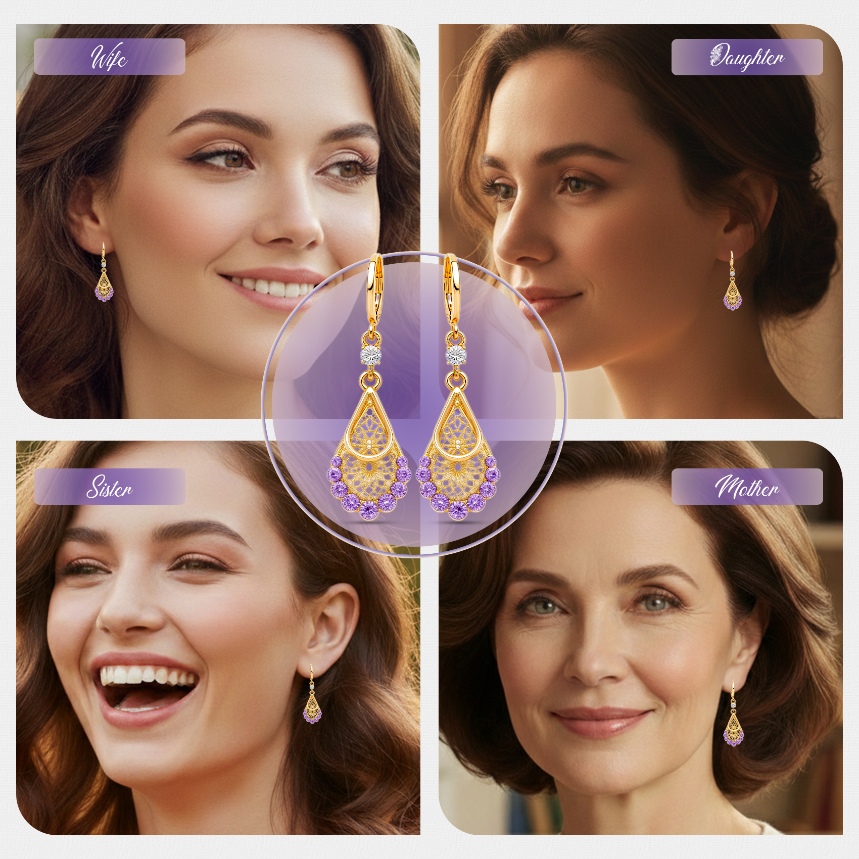 Purple Crystal Teardrop Earrings, Gold Tone Filigree Drop, 1 Pair