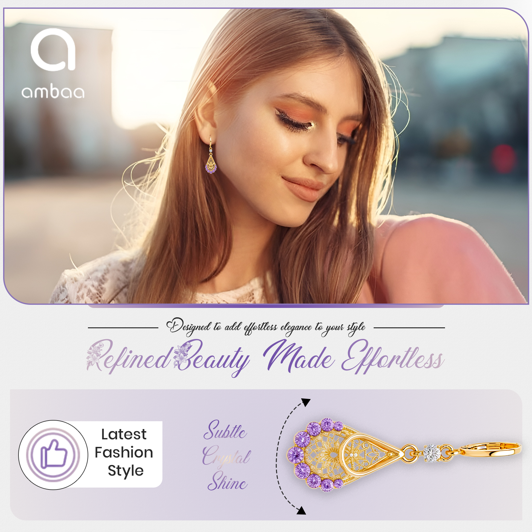 Purple Crystal Teardrop Earrings, Gold Tone Filigree Drop, 1 Pair