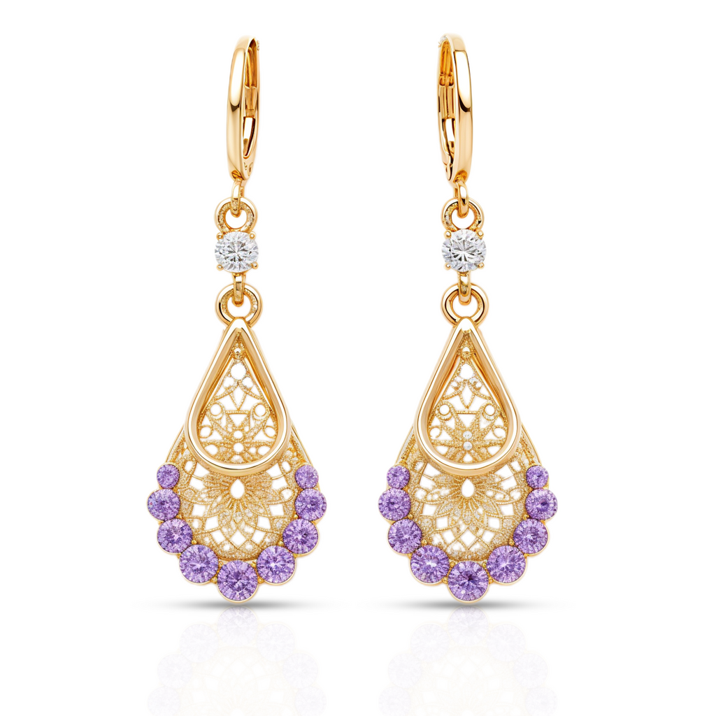 Purple Crystal Teardrop Earrings, Gold Tone Filigree Drop, 1 Pair