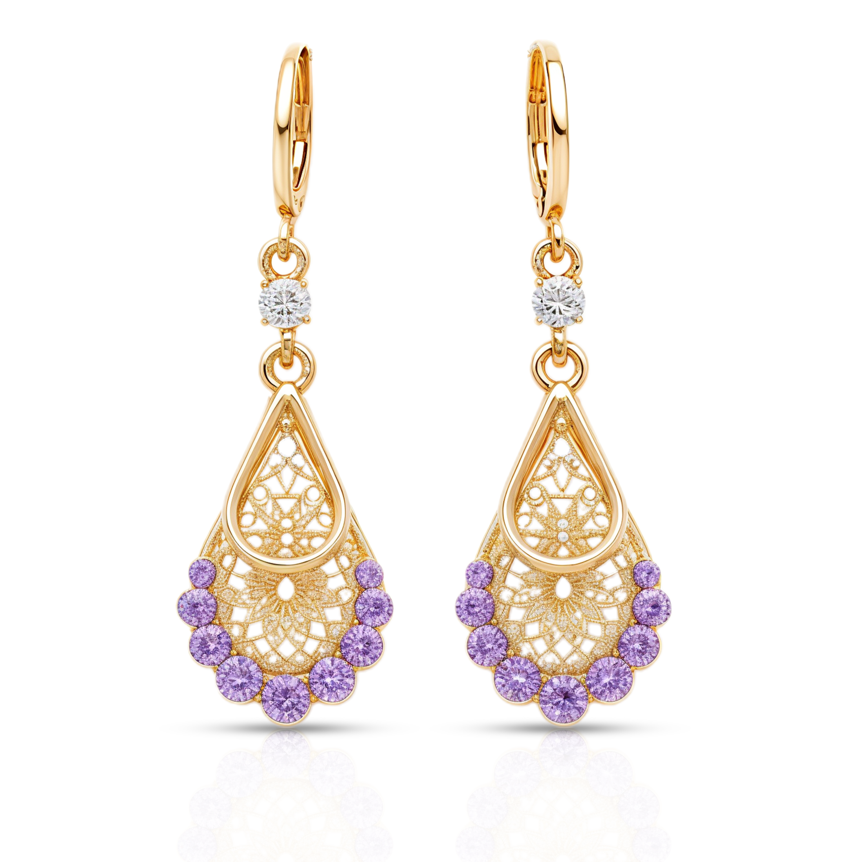 Purple Crystal Teardrop Earrings, Gold Tone Filigree Drop, 1 Pair