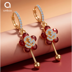 Red Floral Crystal Drop Earrings, Gold Tone Dangle Design, 1 Pair