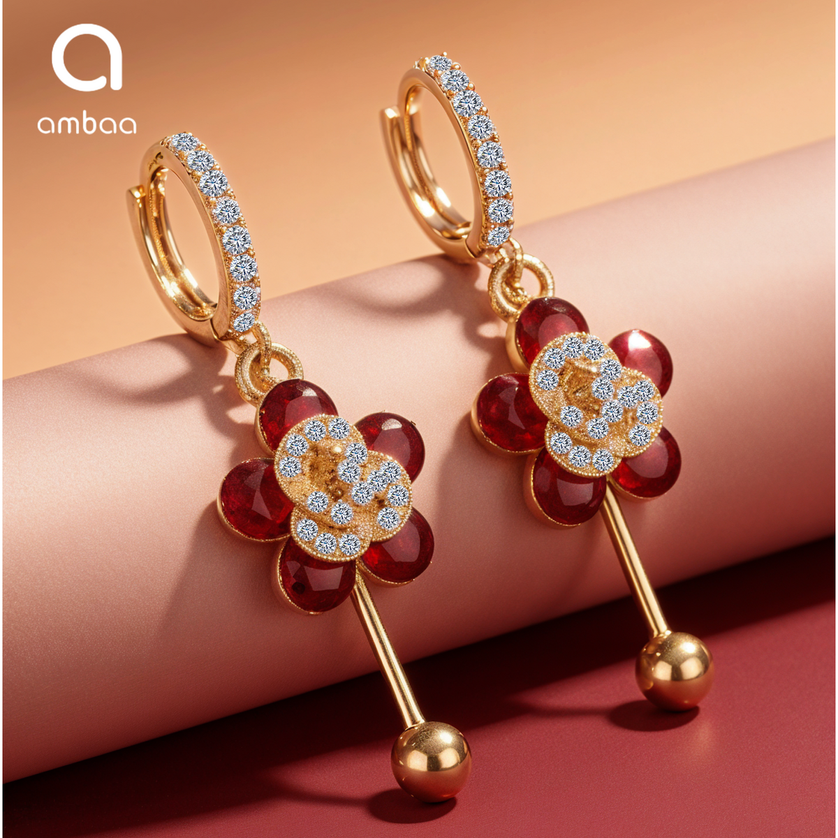 Red Floral Crystal Drop Earrings, Gold Tone Dangle Design, 1 Pair
