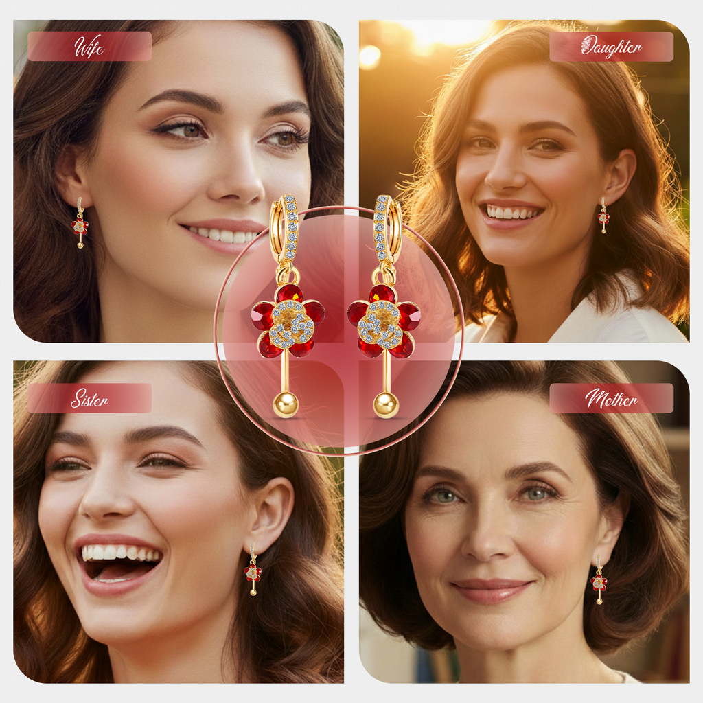 Red Floral Crystal Drop Earrings, Gold Tone Dangle Design, 1 Pair