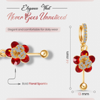 Red Floral Crystal Drop Earrings, Gold Tone Dangle Design, 1 Pair