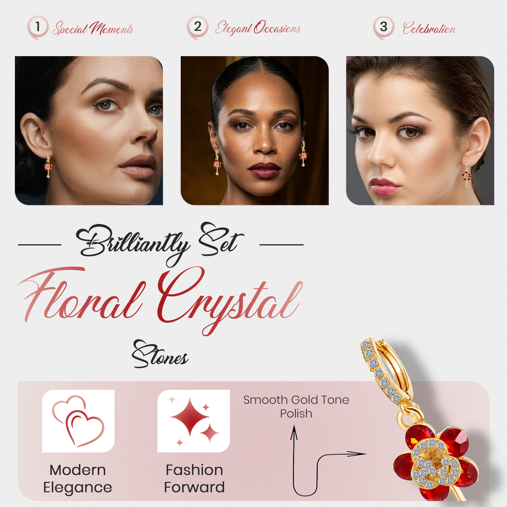 Red Floral Crystal Drop Earrings, Gold Tone Dangle Design, 1 Pair
