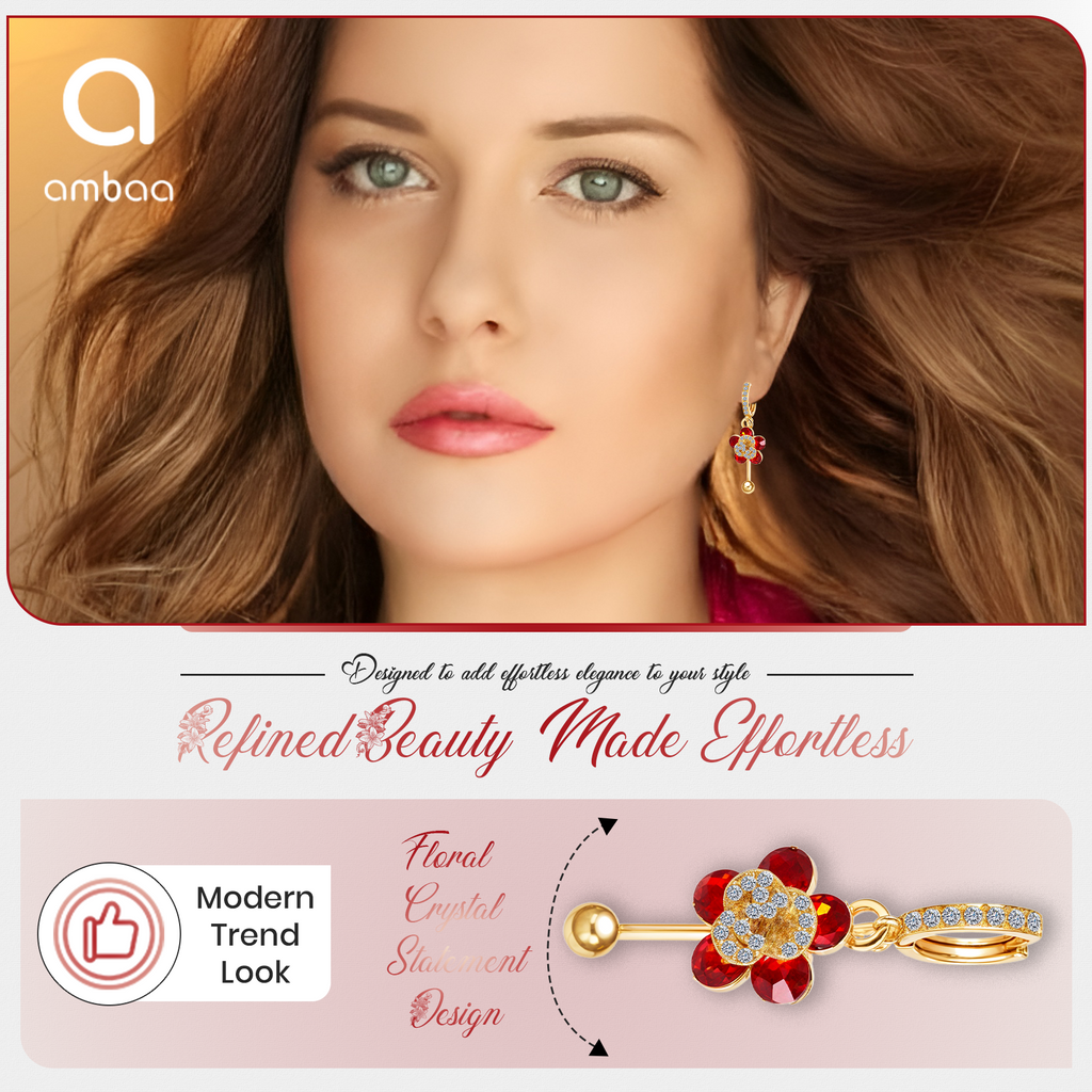 Red Floral Crystal Drop Earrings, Gold Tone Dangle Design, 1 Pair