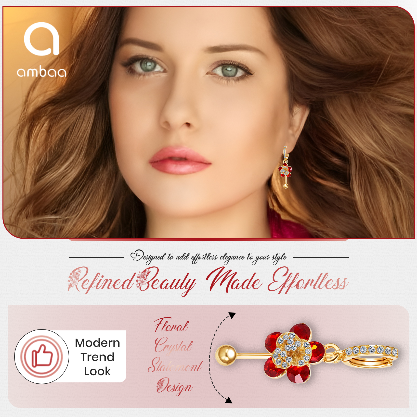 Red Floral Crystal Drop Earrings, Gold Tone Dangle Design, 1 Pair