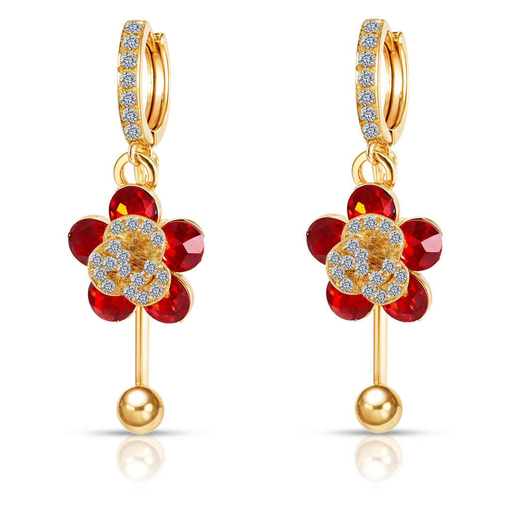 Red Floral Crystal Drop Earrings, Gold Tone Dangle Design, 1 Pair